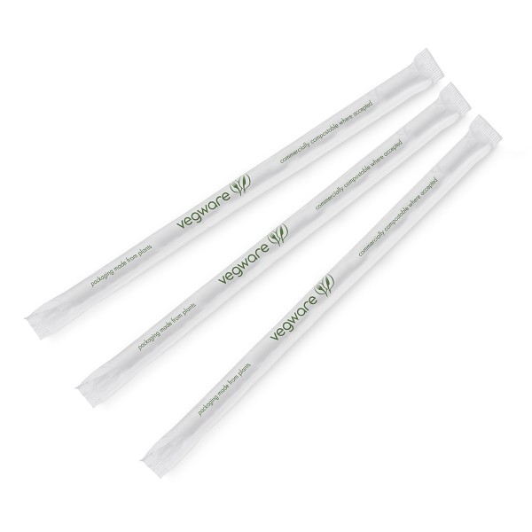 Vegware Jumbo green stripe clear 7mm PLA straw, wrapped, 8.25in